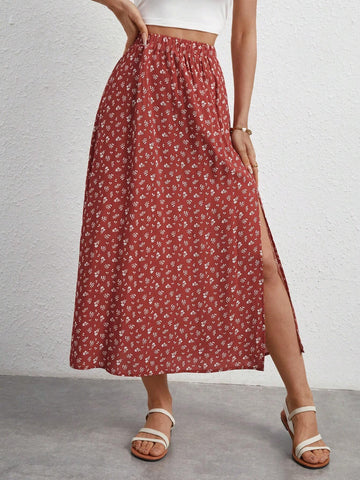 Frenchy Ditsy Floral Print Split Thigh Skirt