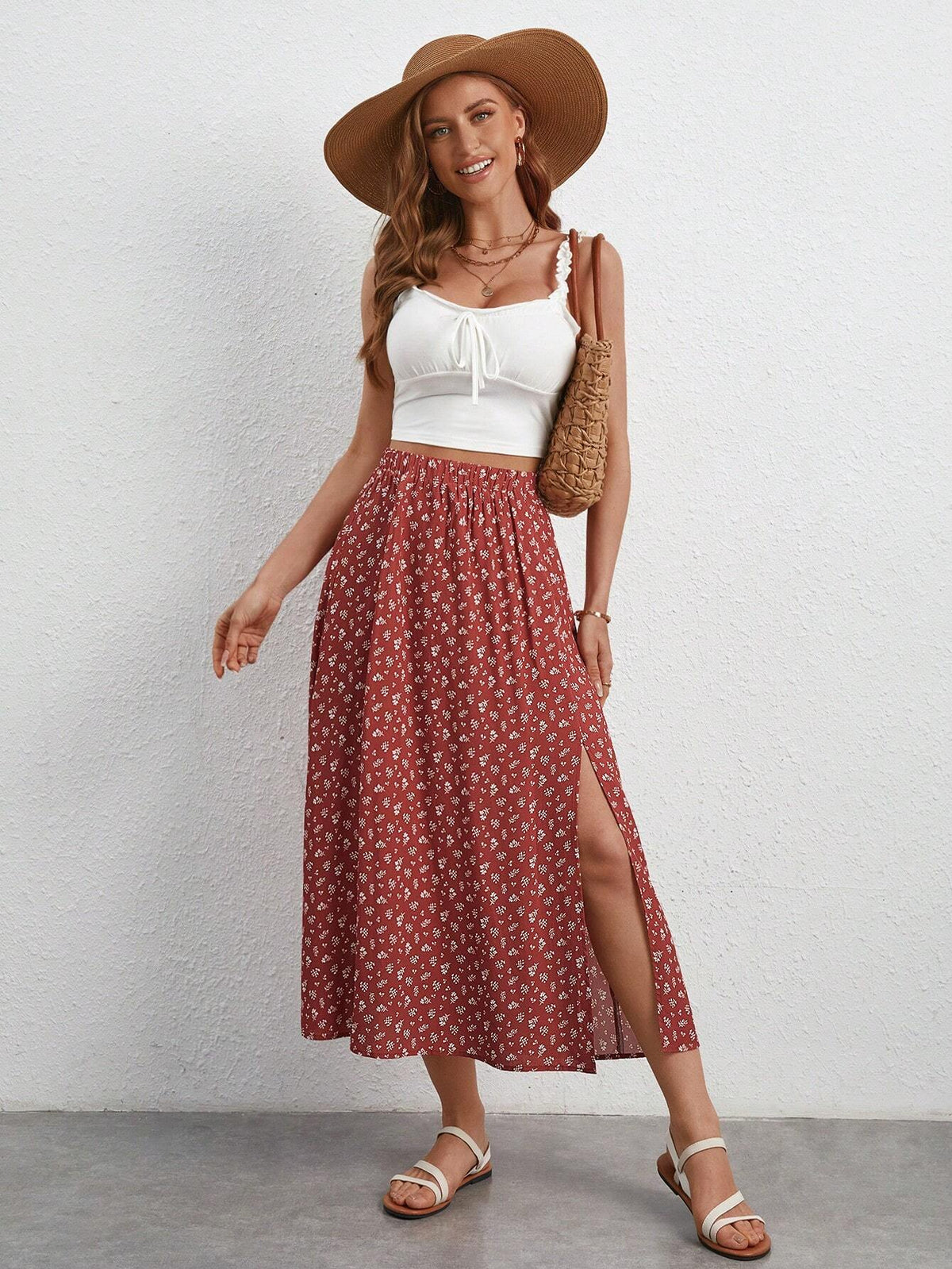 Frenchy Ditsy Floral Print Split Thigh Skirt