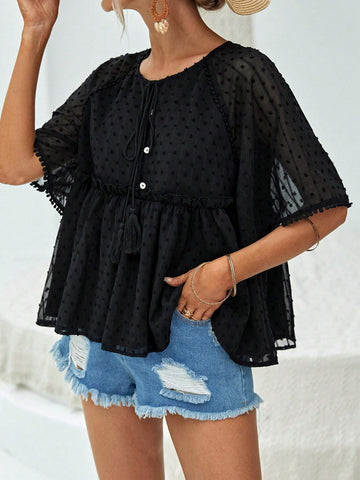 Swiss Dot Tie Front Raglan Sleeve Peplum Blouse