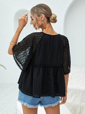 Swiss Dot Tie Front Raglan Sleeve Peplum Blouse