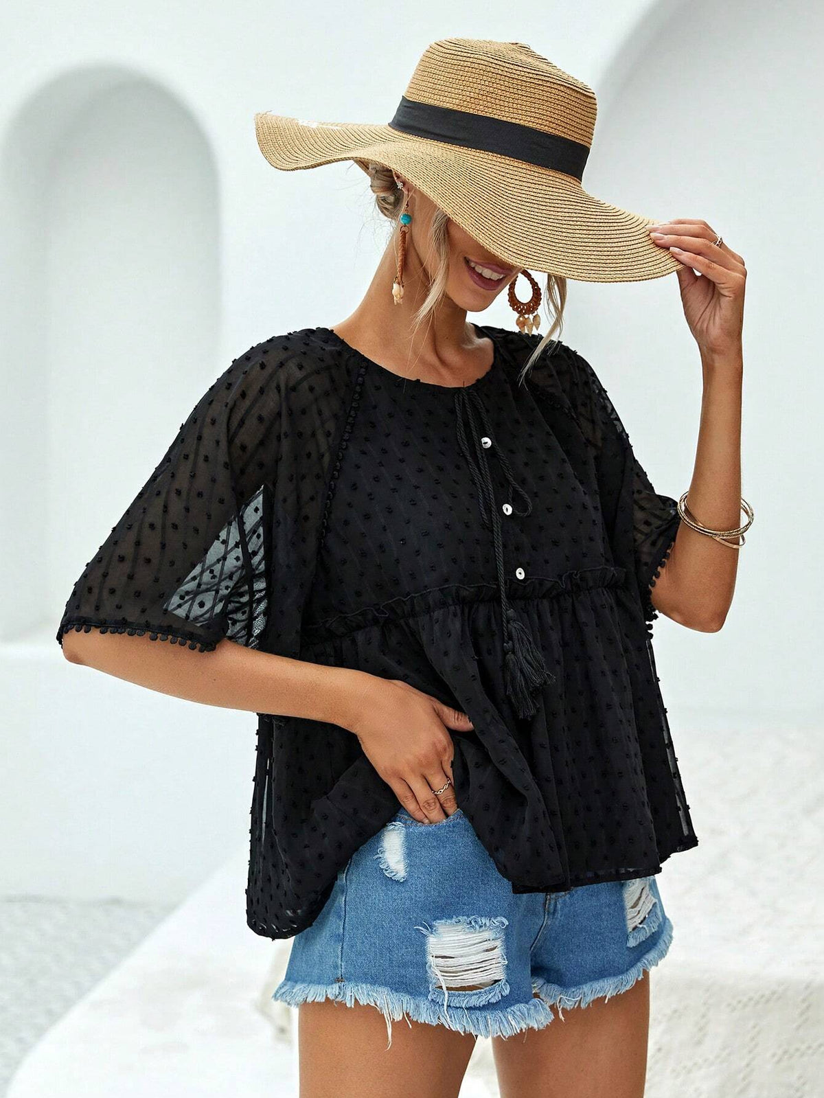 Swiss Dot Tie Front Raglan Sleeve Peplum Blouse