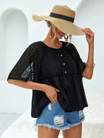 Swiss Dot Tie Front Raglan Sleeve Peplum Blouse