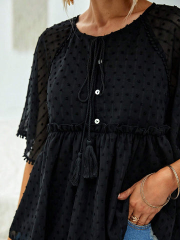 Swiss Dot Tie Front Raglan Sleeve Peplum Blouse