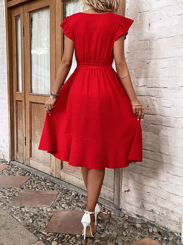 EMERY ROSE Solid Ruffle Trim Belted Wrap Dress