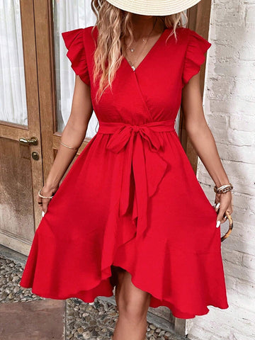 EMERY ROSE Solid Ruffle Trim Belted Wrap Dress