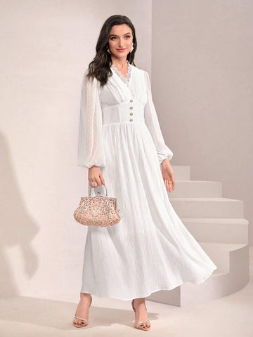 Solid Button Front Lantern Sleeve Dress