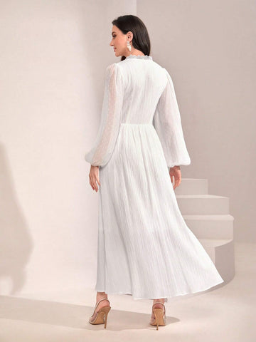 Solid Button Front Lantern Sleeve Dress