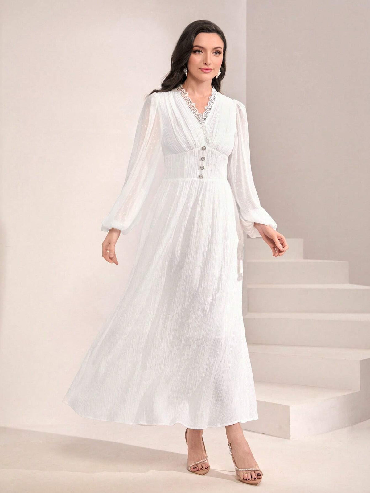 Solid Button Front Lantern Sleeve Dress