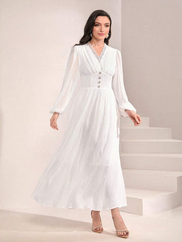 Solid Button Front Lantern Sleeve Dress