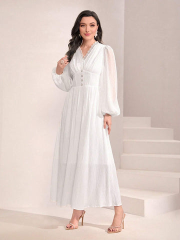Solid Button Front Lantern Sleeve Dress