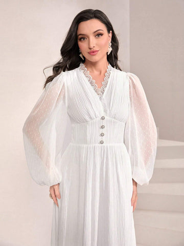 Solid Button Front Lantern Sleeve Dress