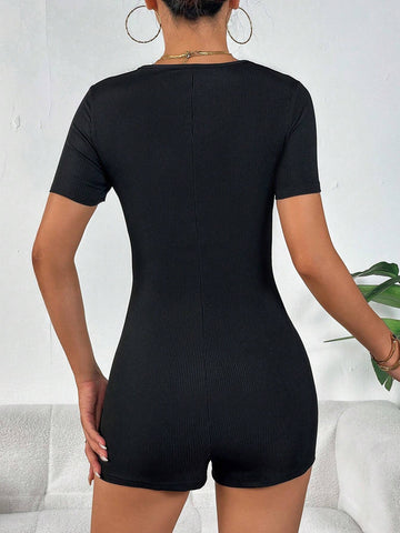 Zip Up Ribbed Knit Unitard Romper