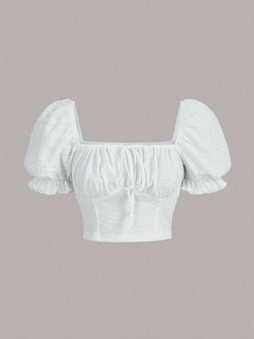 Square Neck Puff Sleeve Knot Front Crop Blouse