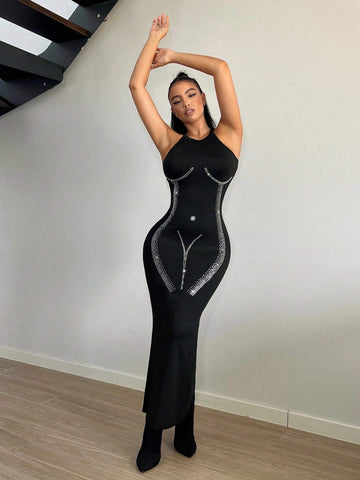 Rhinestone Detail Mermaid Hem Bodycon Dress