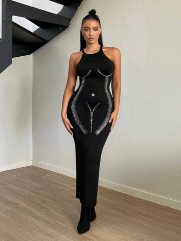 Rhinestone Detail Mermaid Hem Bodycon Dress
