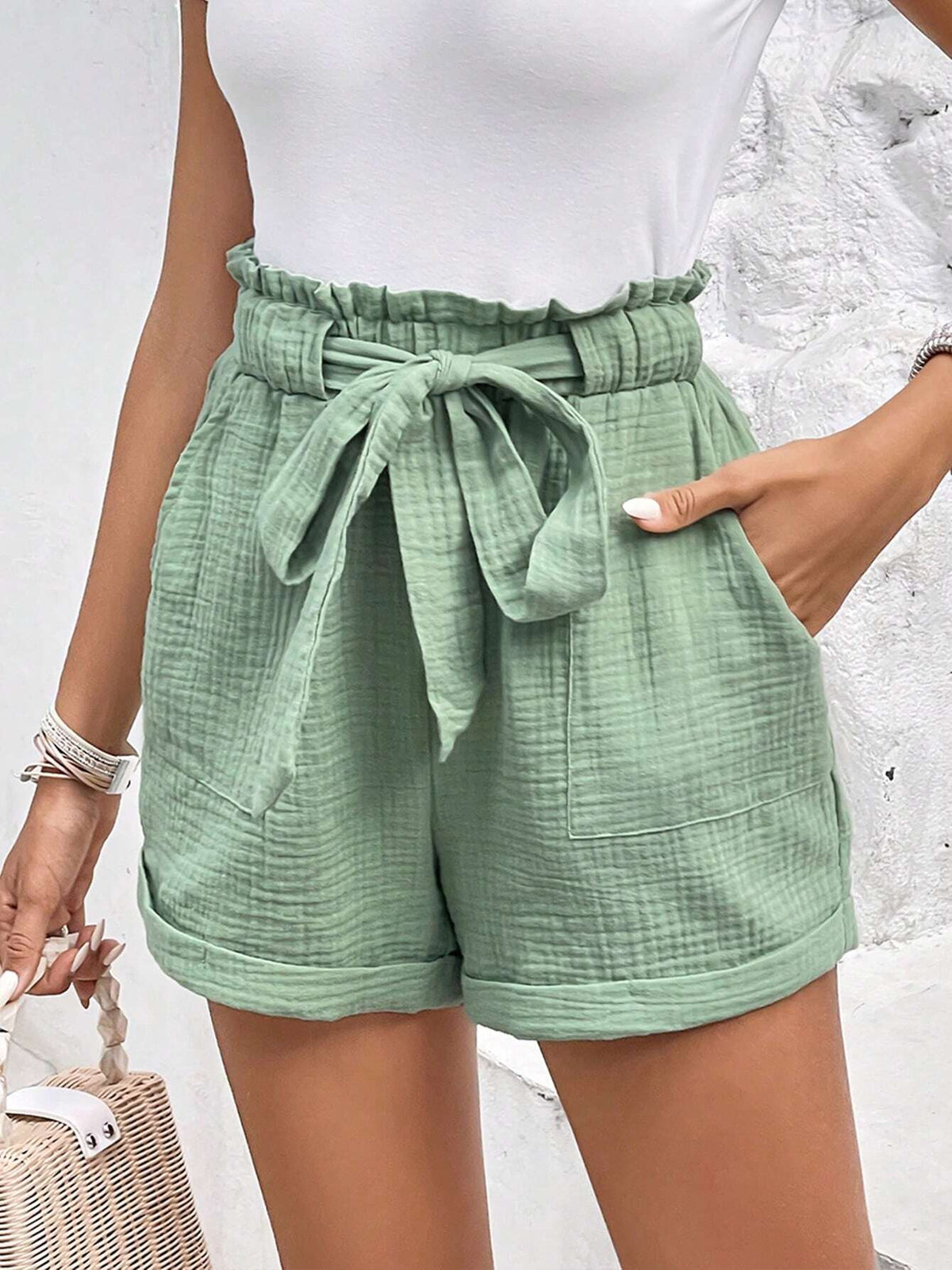 Frenchy Paperbag Waist Roll Up Hem Belted Shorts