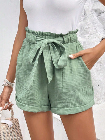 Frenchy Paperbag Waist Roll Up Hem Belted Shorts