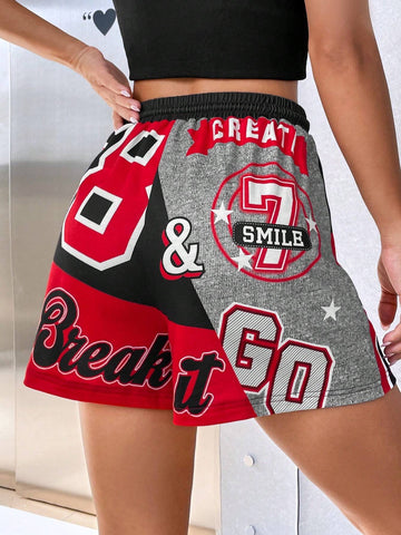 EZwear Letter Graphic Drawstring Waist Shorts