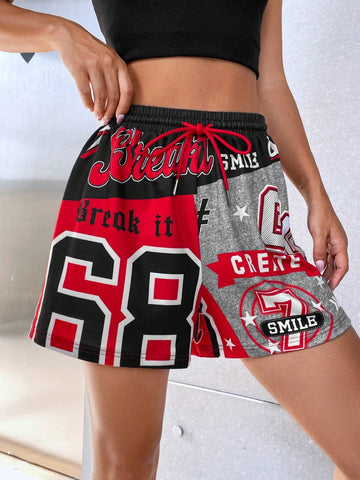EZwear Letter Graphic Drawstring Waist Shorts
