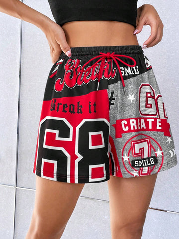 EZwear Letter Graphic Drawstring Waist Shorts