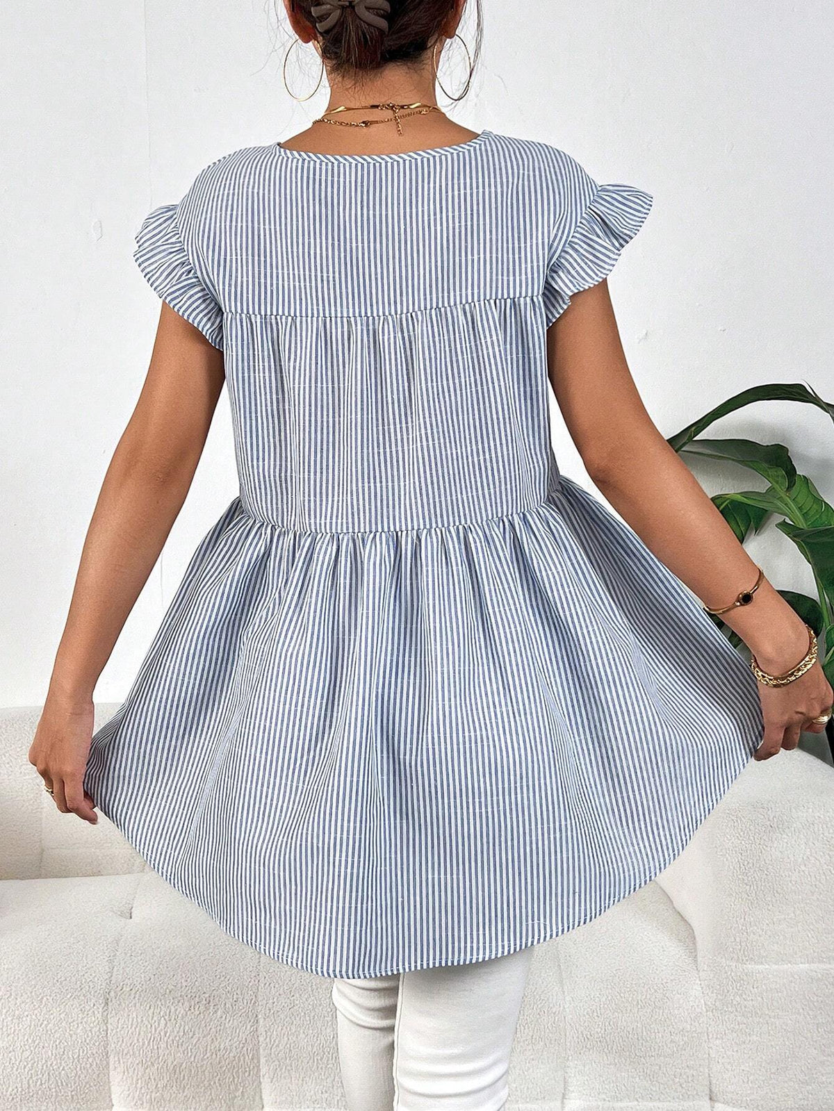 Striped Print Ruffle Trim Peplum Blouse