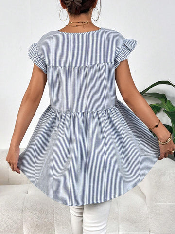 Striped Print Ruffle Trim Peplum Blouse