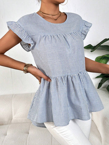 Striped Print Ruffle Trim Peplum Blouse