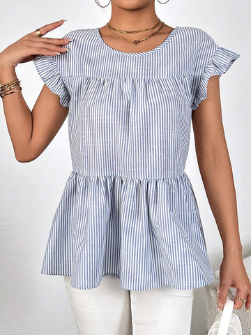 Striped Print Ruffle Trim Peplum Blouse