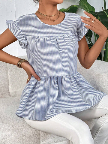 Striped Print Ruffle Trim Peplum Blouse