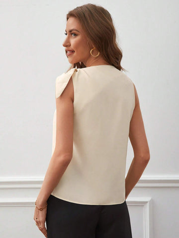 Solid Knot Shoulder Asymmetrical Neck Blouse