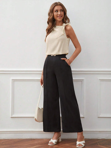 Solid Knot Shoulder Asymmetrical Neck Blouse