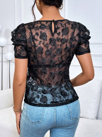 Floral Embroidery Puff Sleeve Sheer Mesh Blouse Without Bra