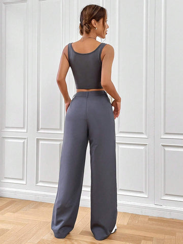Solid Crop Tank Top & Wide Leg Pants
