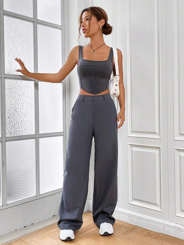 Solid Crop Tank Top & Wide Leg Pants
