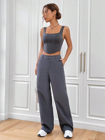 Solid Crop Tank Top & Wide Leg Pants