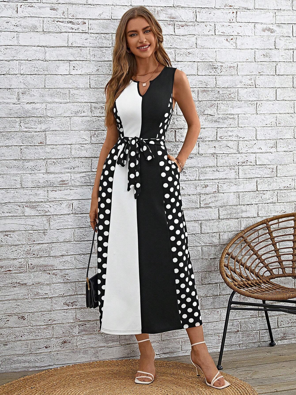 EMERY ROSE Polka Dot Print Belted Dress