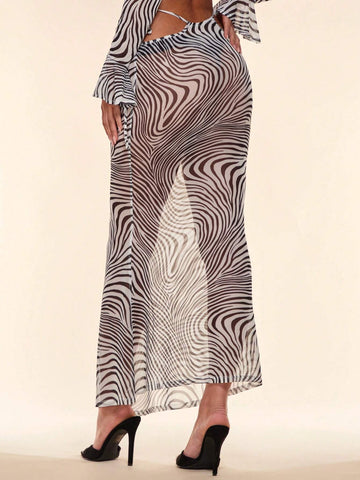 BAE Zebra Striped Cut Out Waist Mesh Bodycon Skirt Without Panty