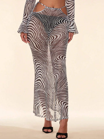 BAE Zebra Striped Cut Out Waist Mesh Bodycon Skirt Without Panty