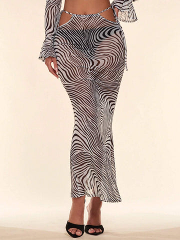 BAE Zebra Striped Cut Out Waist Mesh Bodycon Skirt Without Panty