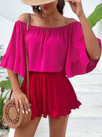 Off Shoulder Flare Sleeve Blouse & Shorts