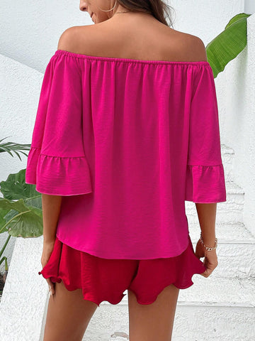 Off Shoulder Flare Sleeve Blouse & Shorts