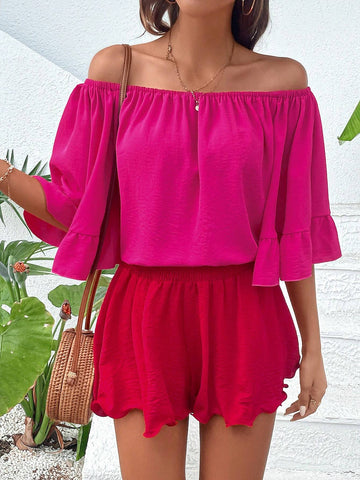 Off Shoulder Flare Sleeve Blouse & Shorts