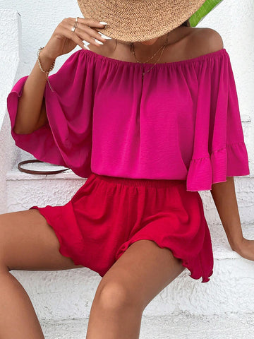 Off Shoulder Flare Sleeve Blouse & Shorts