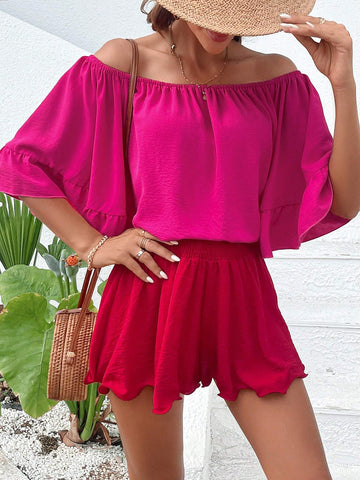 Off Shoulder Flare Sleeve Blouse & Shorts