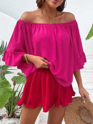 Off Shoulder Flare Sleeve Blouse & Shorts