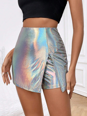 Unity Holographic Split Hem Metallic Skort