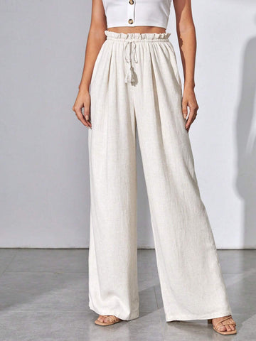Tall Paperbag Waist Tassel Tie Front Wide Leg Pants