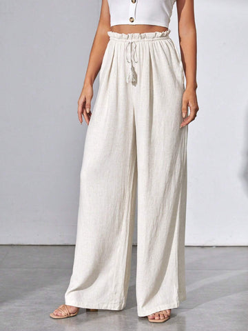 Tall Paperbag Waist Tassel Tie Front Wide Leg Pants