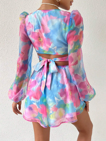 Tie Dye Cut Out Waist Lantern Sleeve Plunging Neck Tie Back Romper