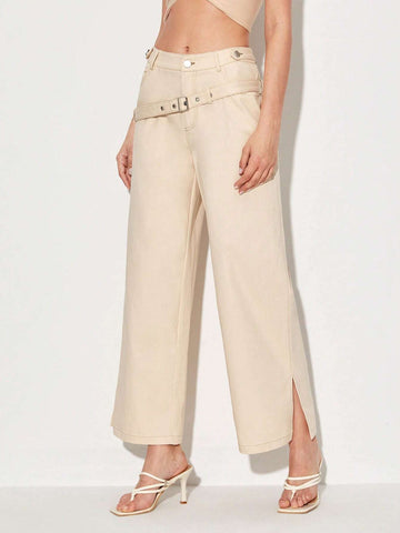Split Hem Belted Straight Leg Pants